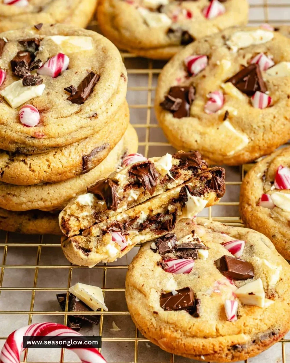 Freshly baked peppermint chocolate chip cookies on a cooling rack.