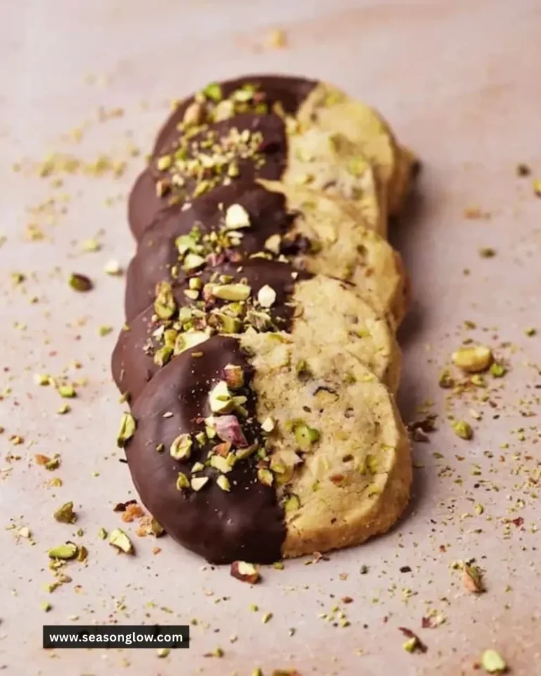 Pistachio shortbread cookies with a nutty green hue and a sprinkle of crushed pistachios.