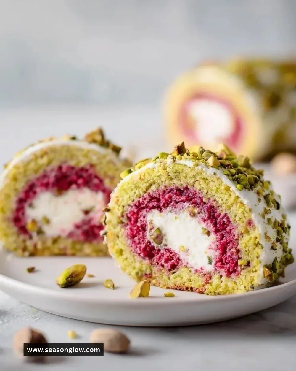 Raspberry Pistachio Swiss Roll topped with white chocolate cream and fresh raspberries