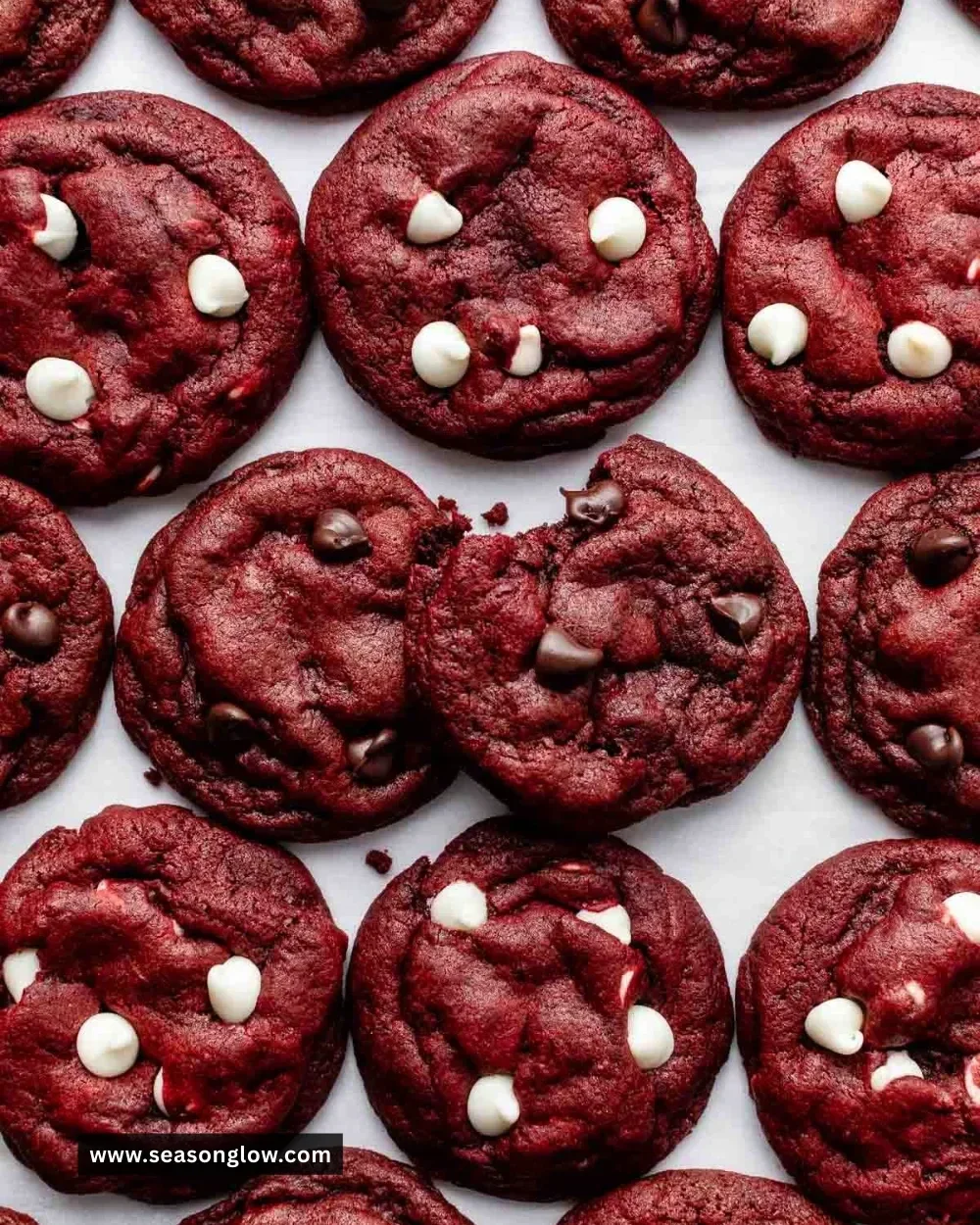 Delicious red velvet chocolate chip cookies on a plate