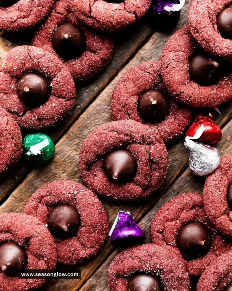 Plate of freshly baked Red Velvet Kiss Cookies with white chocolate tops