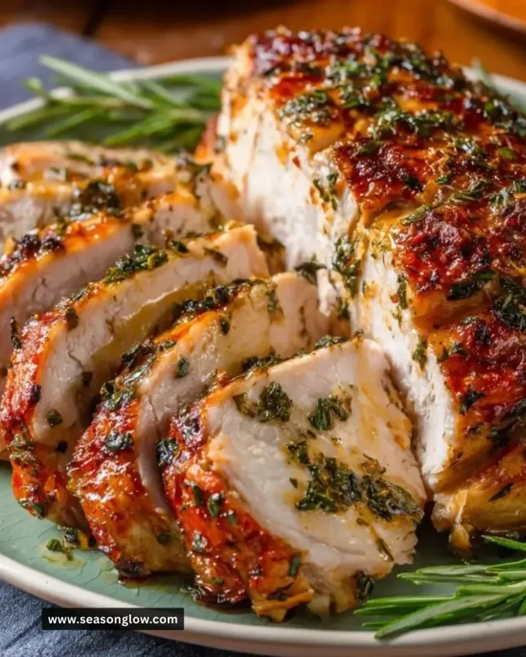 Perfectly roasted turkey breast with herbs and spices on a serving platter.