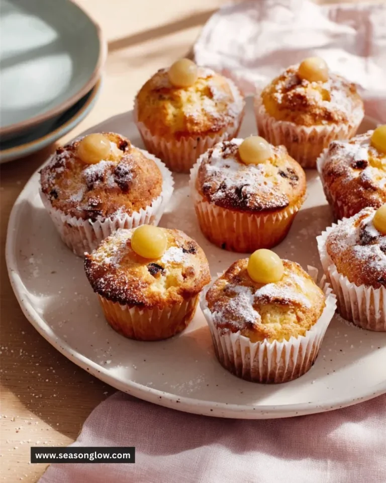 Delicious Simnel Muffins topped with marzipan and dried fruits