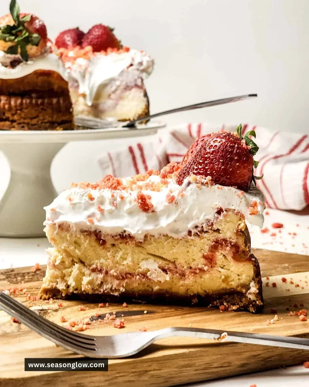 Delicious Strawberry Crunch Cheesecake with a creamy layer and crunchy topping
