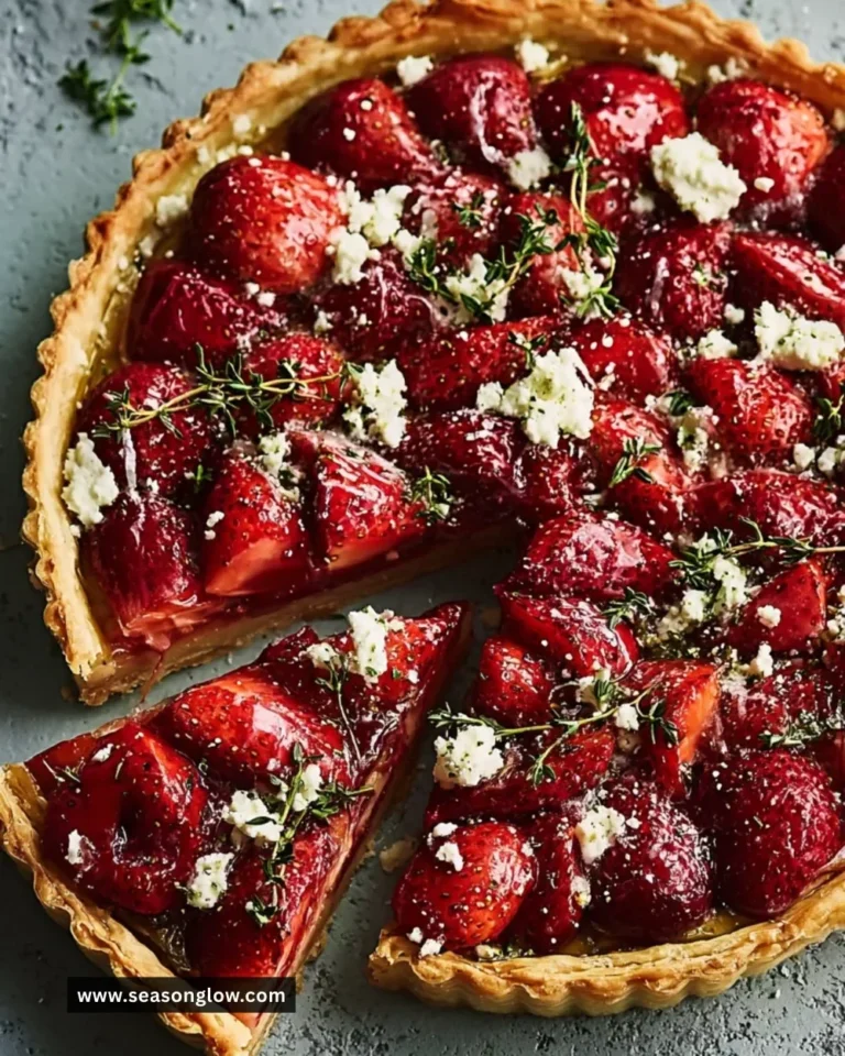 Delicious strawberry tart topped with feta cheese and fresh thyme.