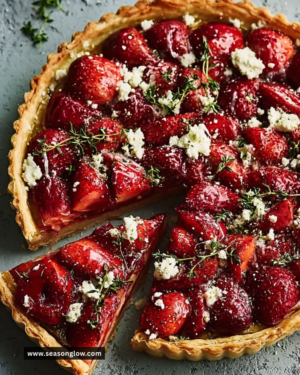 Delicious strawberry tart topped with feta cheese and fresh thyme.