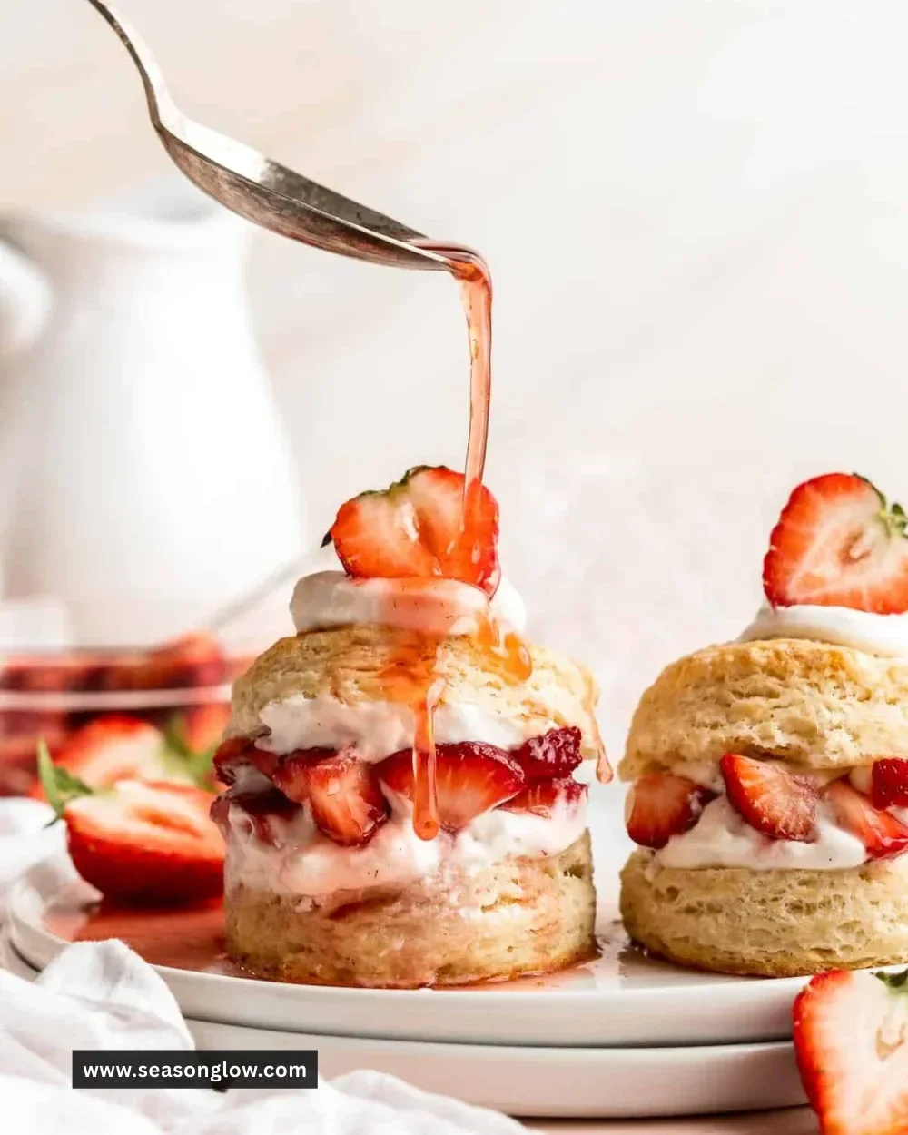 Delicious strawberry shortcake with layers of cake, fresh strawberries, and whipped cream.