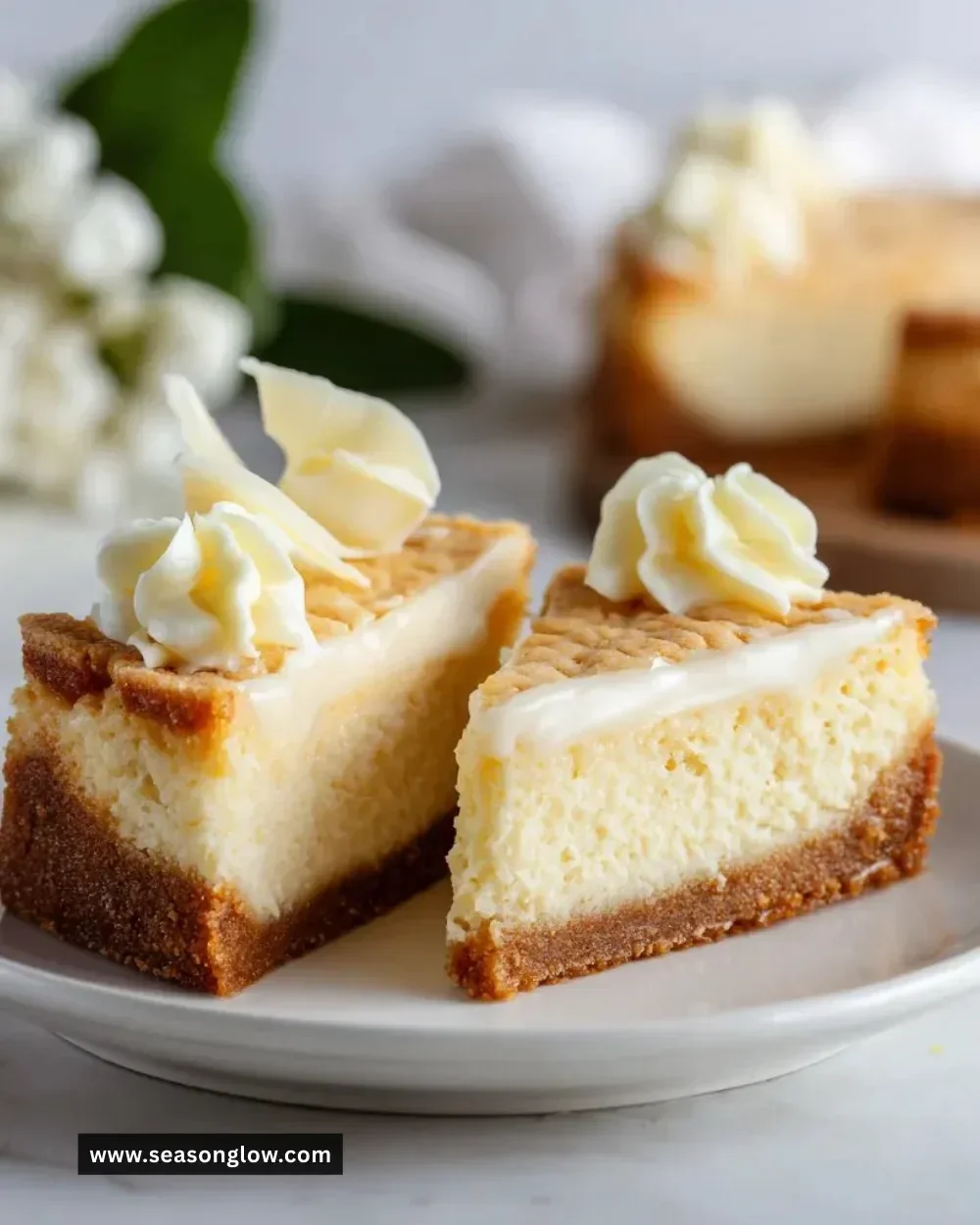 Slice of Sugar Cookie Cheesecake with White Chocolate Ganache on a plate