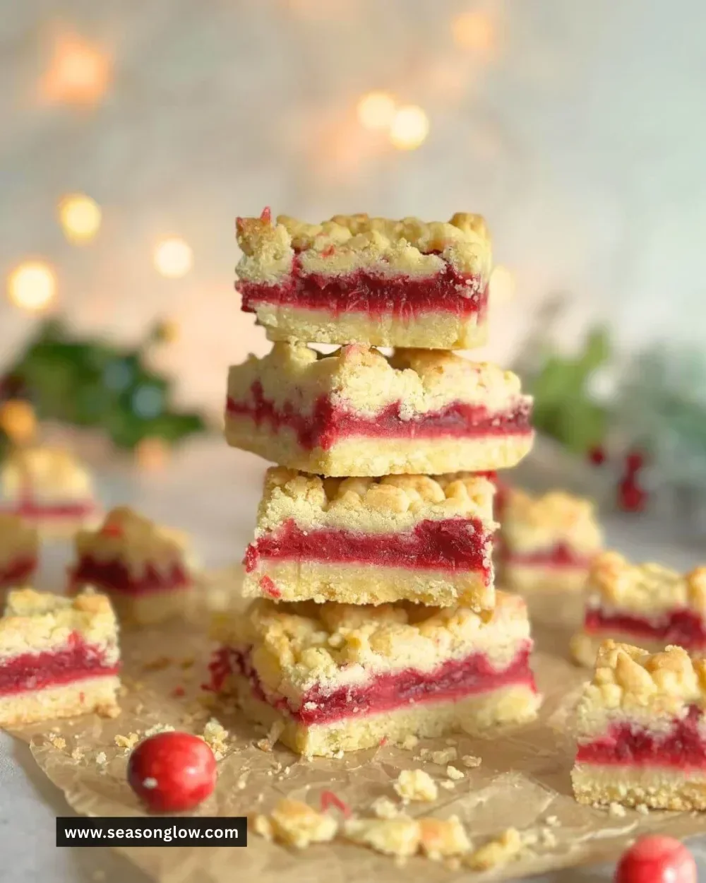 Delicious cranberry crumble bars with a sweet and tart flavor profile.