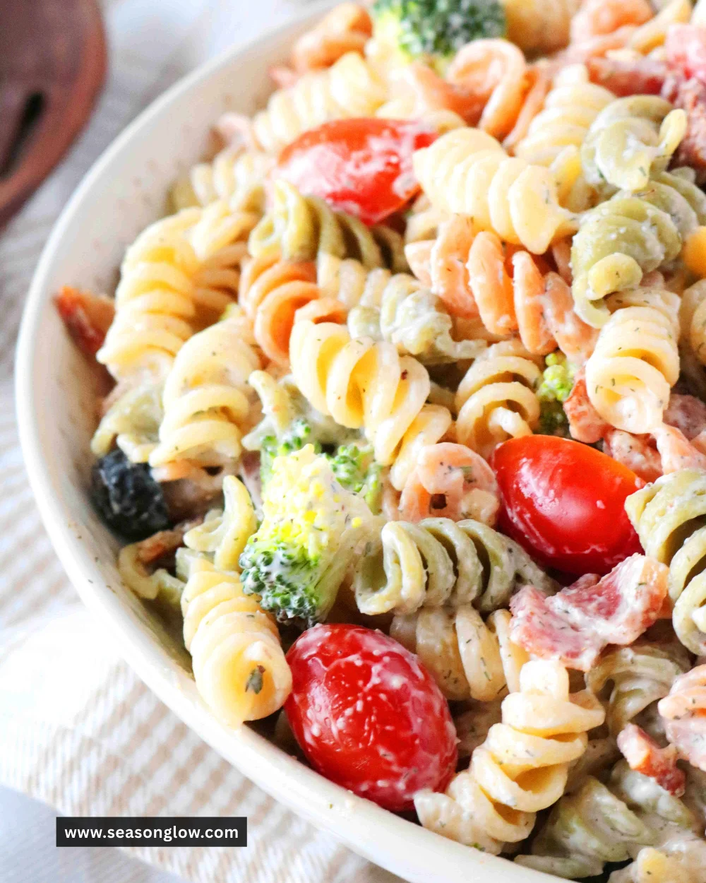 Bacon Ranch Pasta Salad with creamy dressing, crispy bacon, and fresh veggies