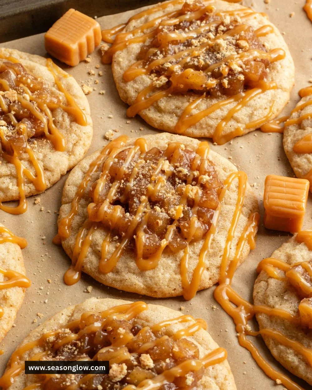 Delicious candy apple cookie with caramel drizzle and apple chunks