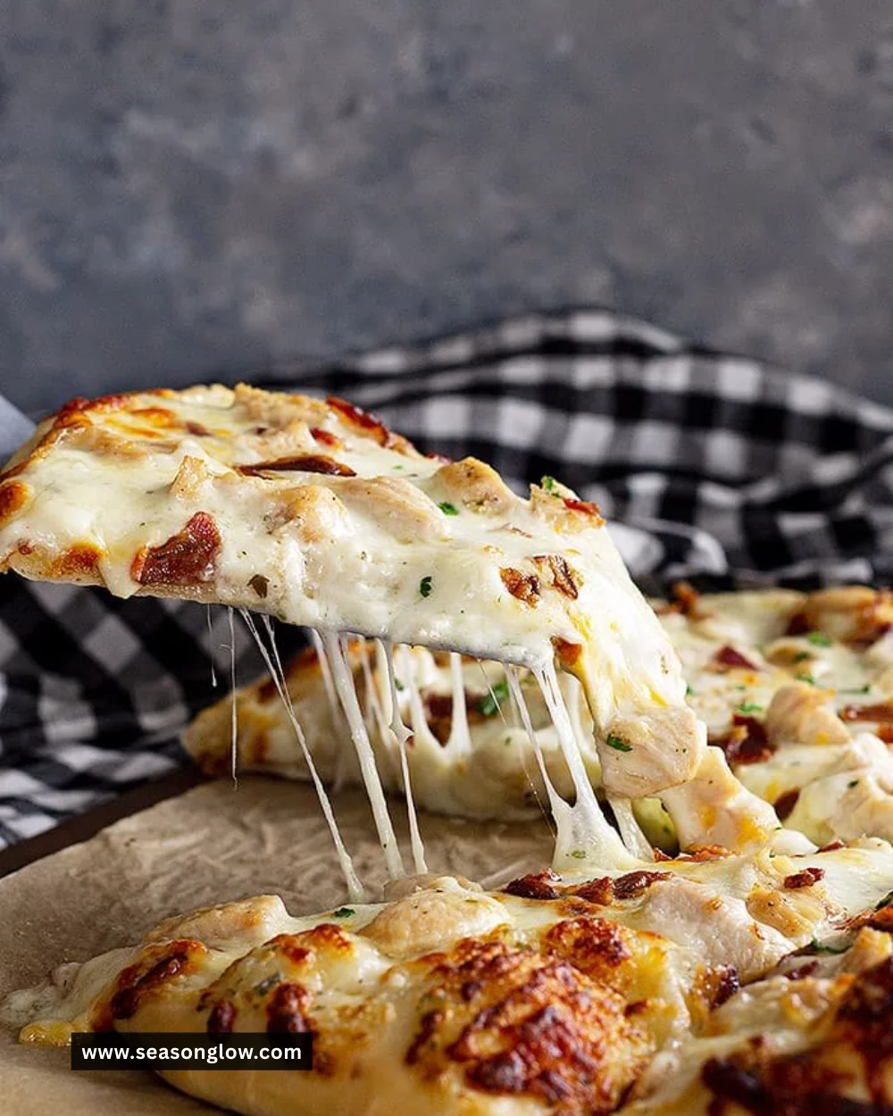 Delicious Chicken Bacon Ranch Pizza with chicken, bacon, and ranch dressing