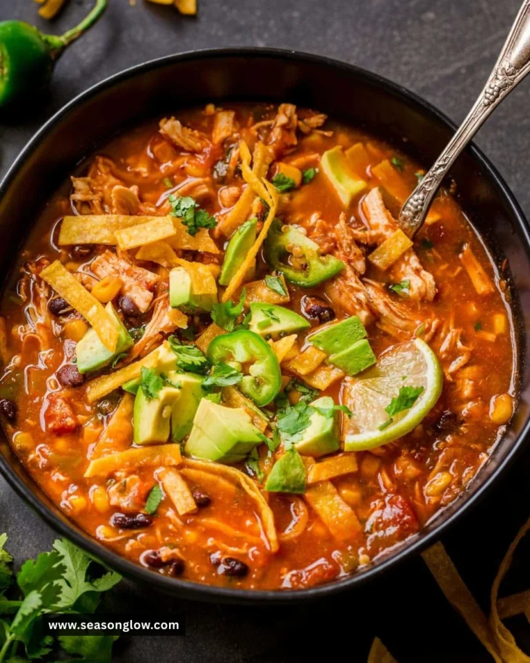 Bowl of hearty Chicken Tortilla Soup garnished with tortilla strips and fresh herbs.