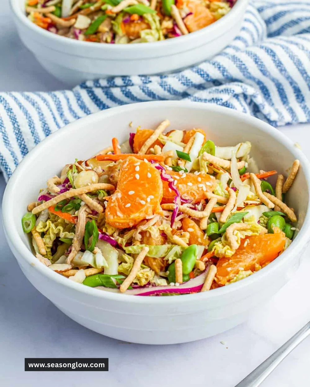 Bowl of vibrant Chinese Chicken Salad with chicken, vegetables, and sesame dressing.