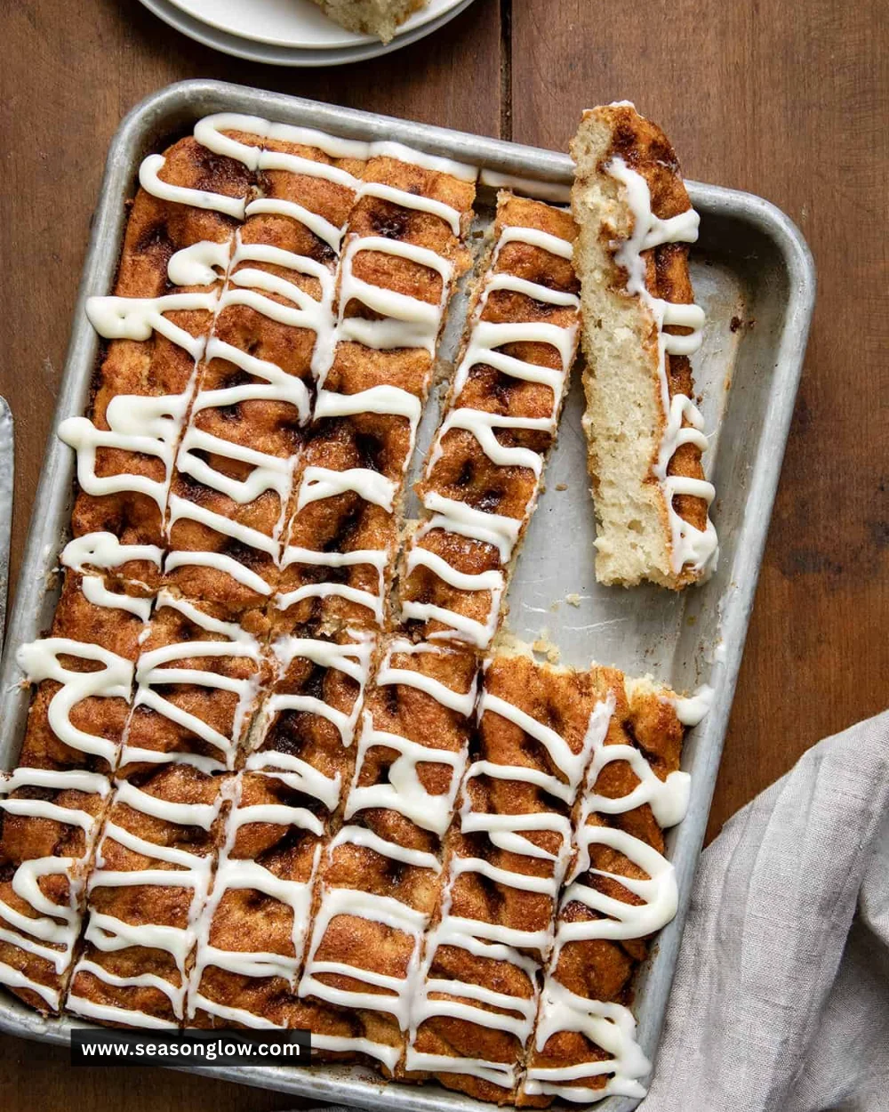 Freshly baked Cinnamon Roll Focaccia topped with cinnamon sugar glaze