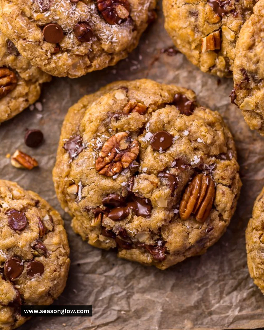 Freshly baked Cowboy Cookies with chocolate chips and nuts