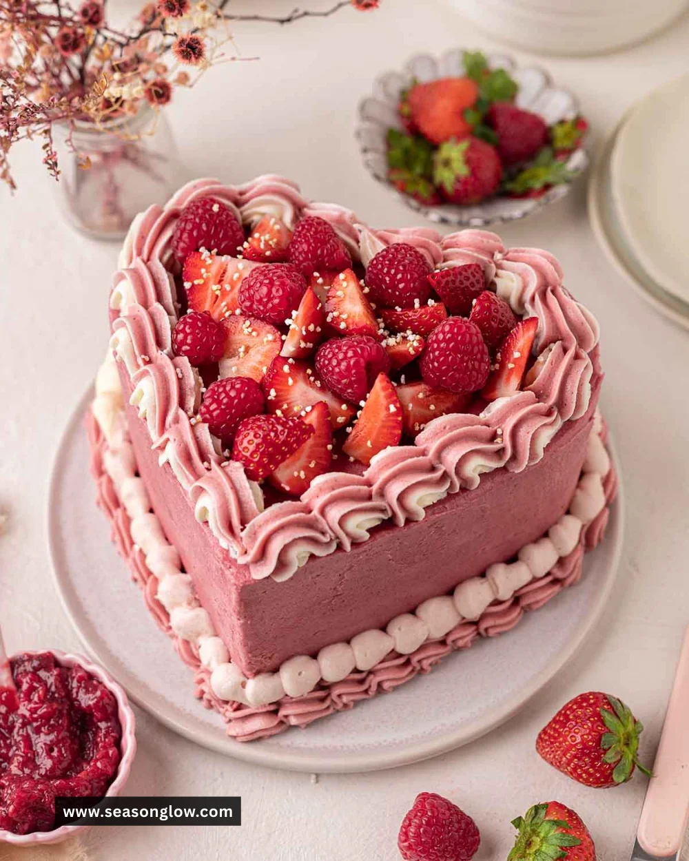 Delicious heart-shaped cake decorated for Valentine's Day celebration.