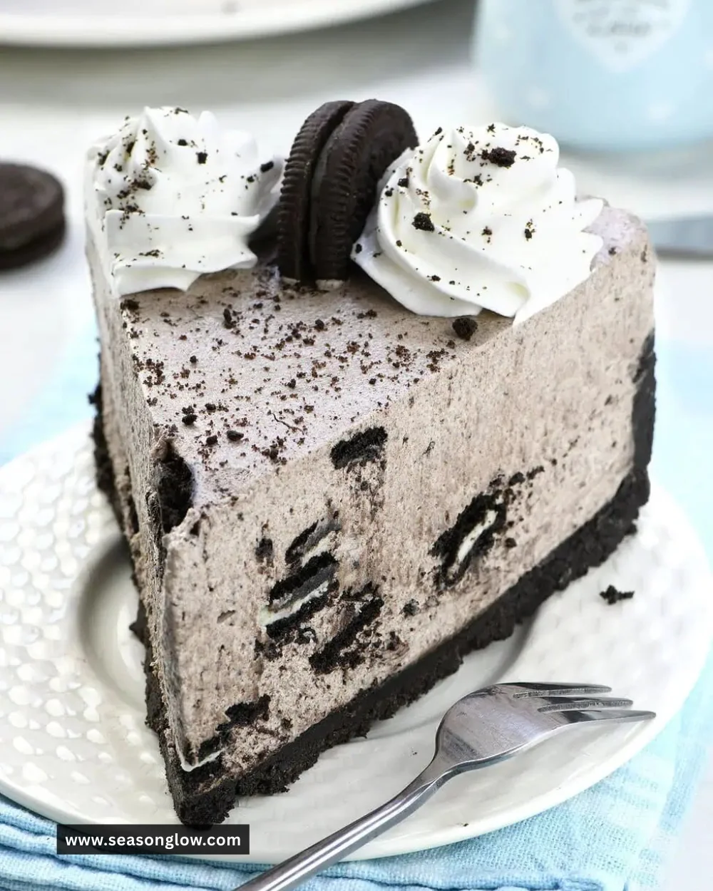 Delicious No Bake Oreo Cheesecake topped with Oreo crumbs and chocolate sauce