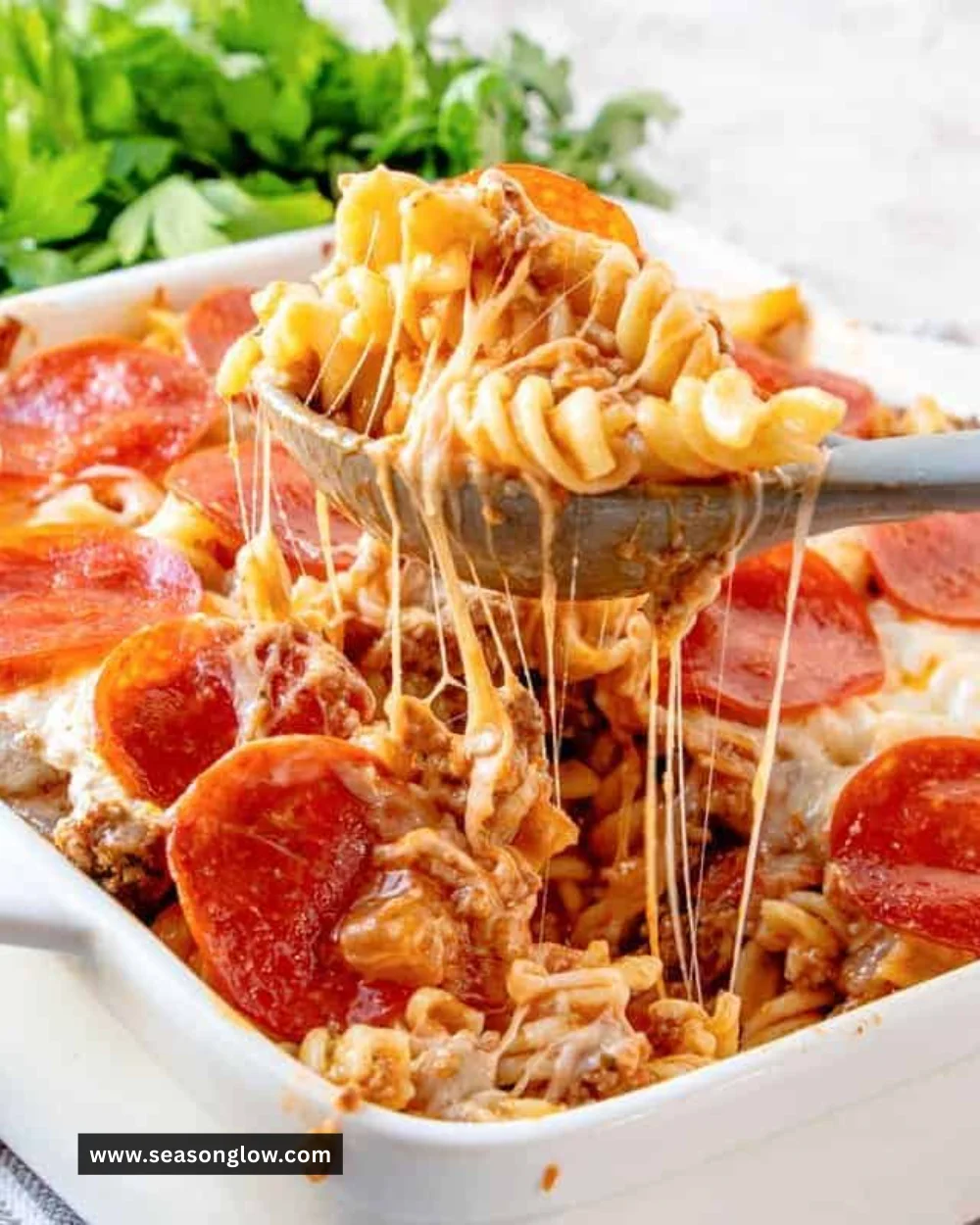 Delicious Pizza Pasta Bake with melted cheese and vibrant toppings