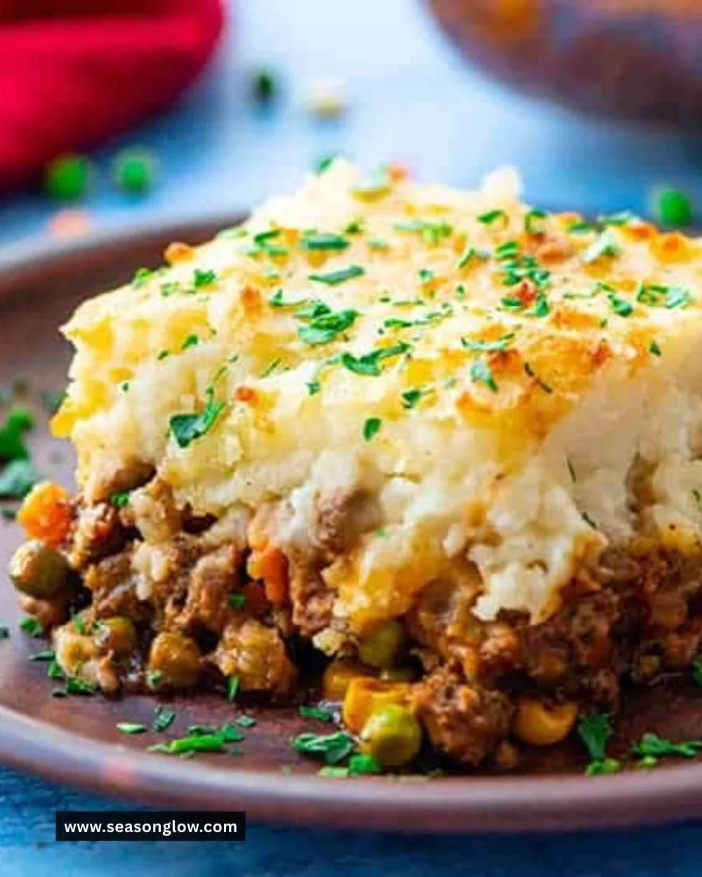 Delicious homemade Shepherd's Pie topped with creamy mashed potatoes