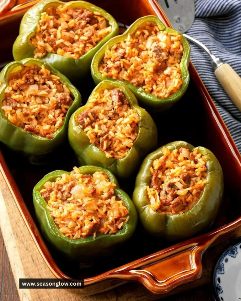 Stuffed peppers filled with rice, served on a plate, showcasing a colorful meal.