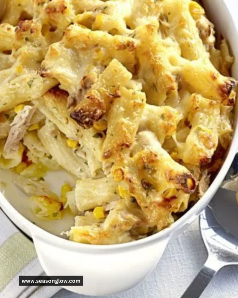 Delicious Tuna Pasta Bake dish topped with cheese and herbs