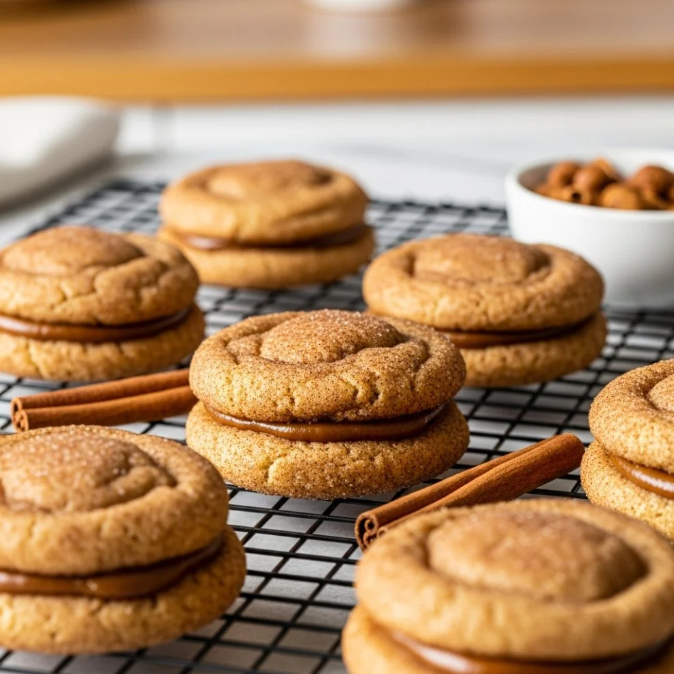 Biscoff Snickerdoodle cookies on a rustic wooden table