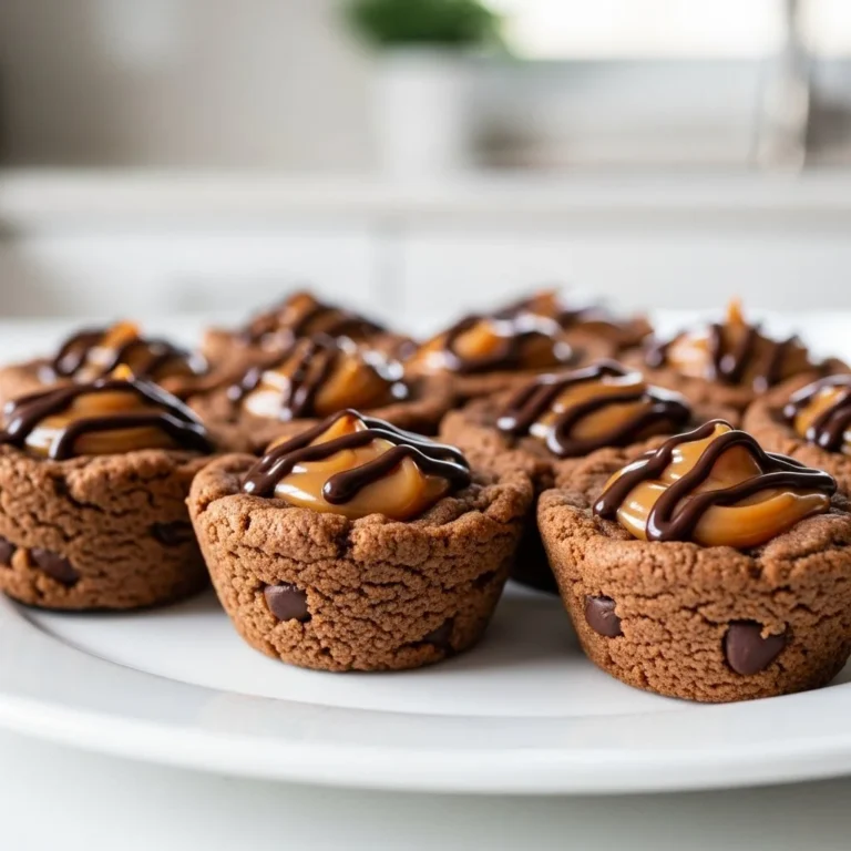 Delicious caramel chocolate cookie cups served on a plate.