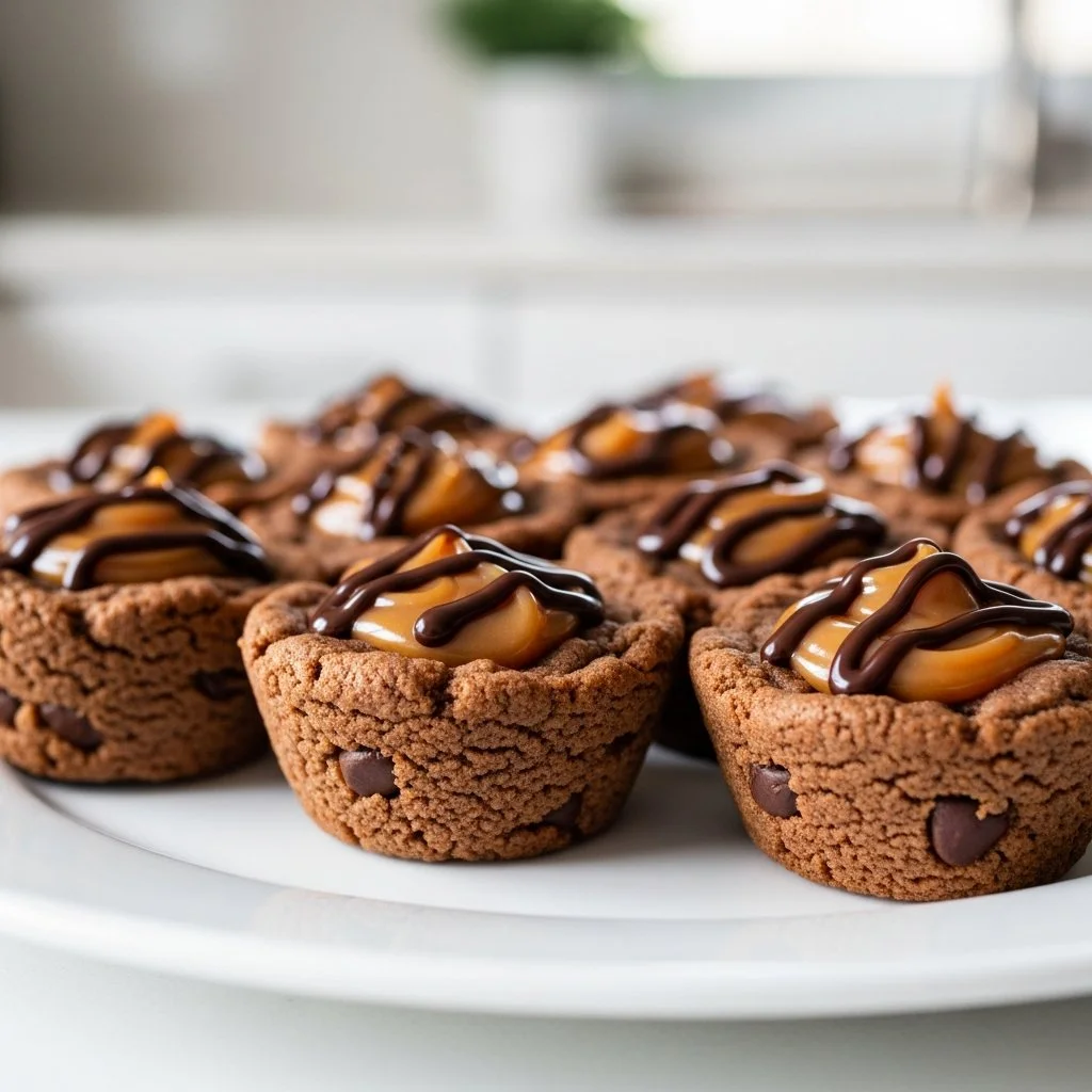 Delicious caramel chocolate cookie cups served on a plate.