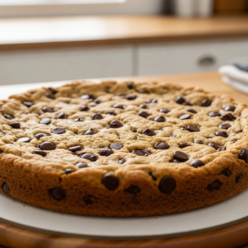 Delicious Chocolate Chip Cookie Cake served with chocolate chips on top