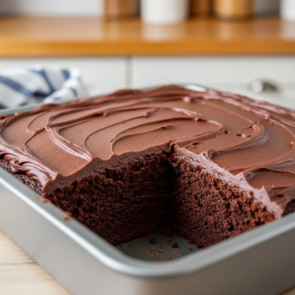 Slice of Chocolate Wacky Cake on a plate with a fork