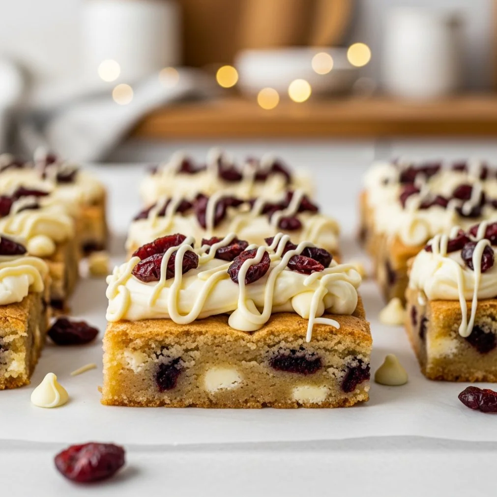Delicious Cranberry Bliss Bars topped with cream cheese icing and dried cranberries.