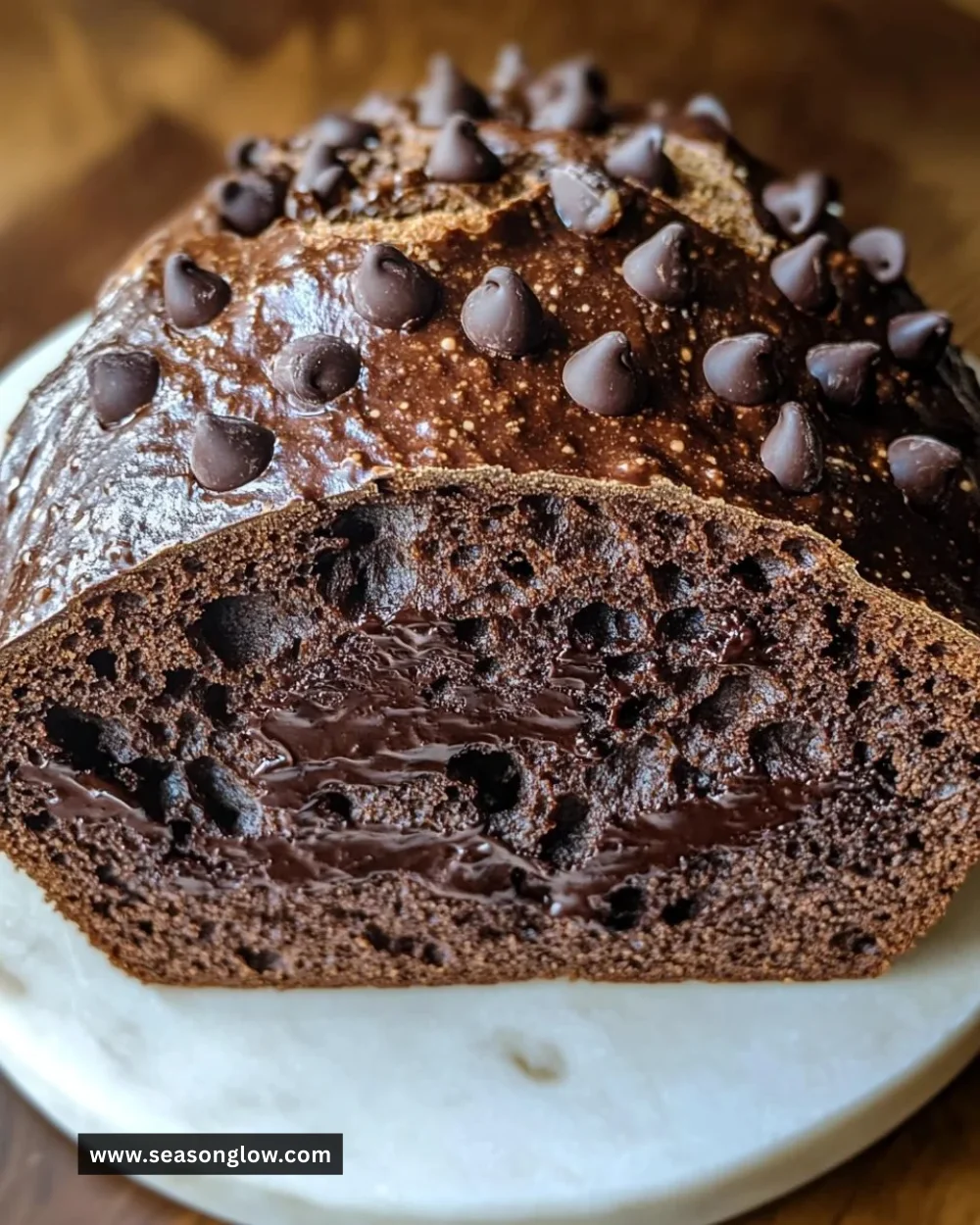 Loaf of Double Chocolate Sourdough Bread with dark chocolate chunks