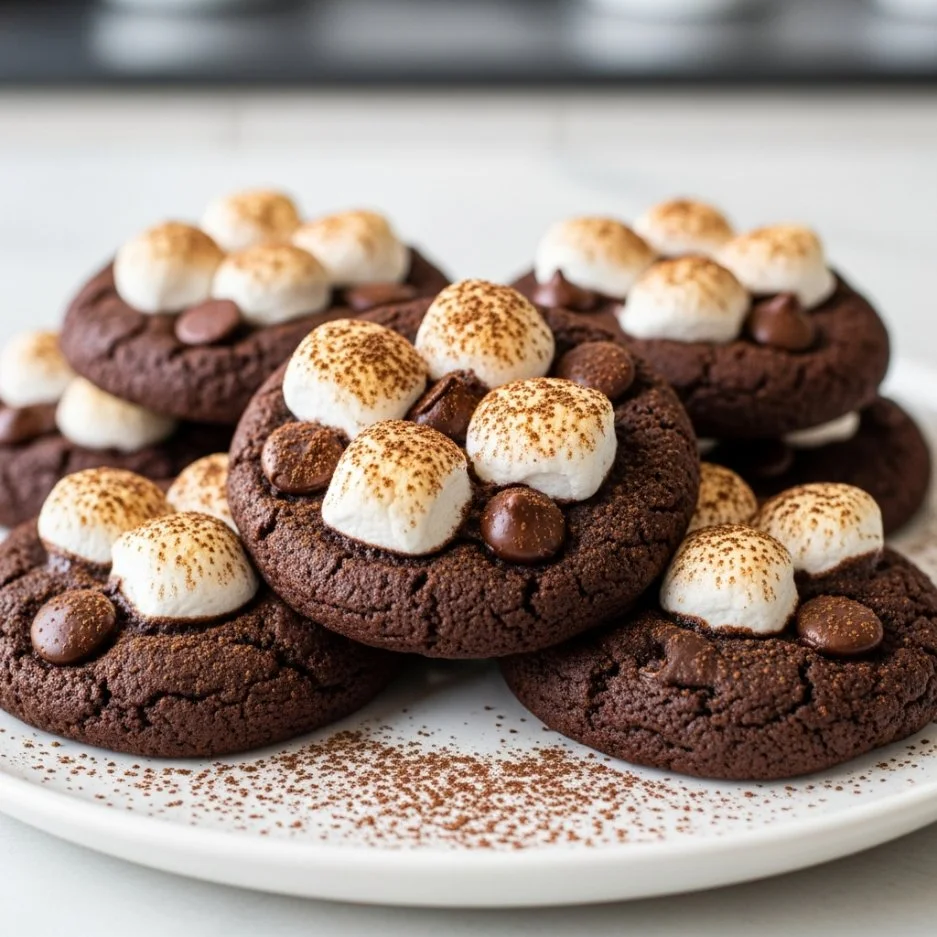Delicious hot chocolate cookies topped with melted chocolate and marshmallows.