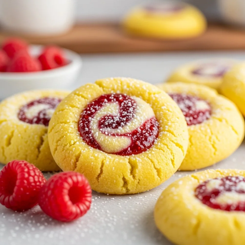 Freshly baked lemon raspberry cookies with vibrant colors and textures