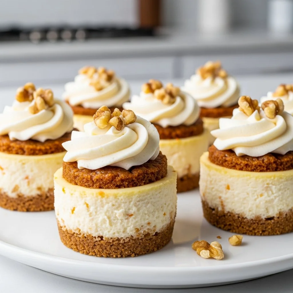 Delicious mini carrot cake cheesecakes topped with cream cheese frosting