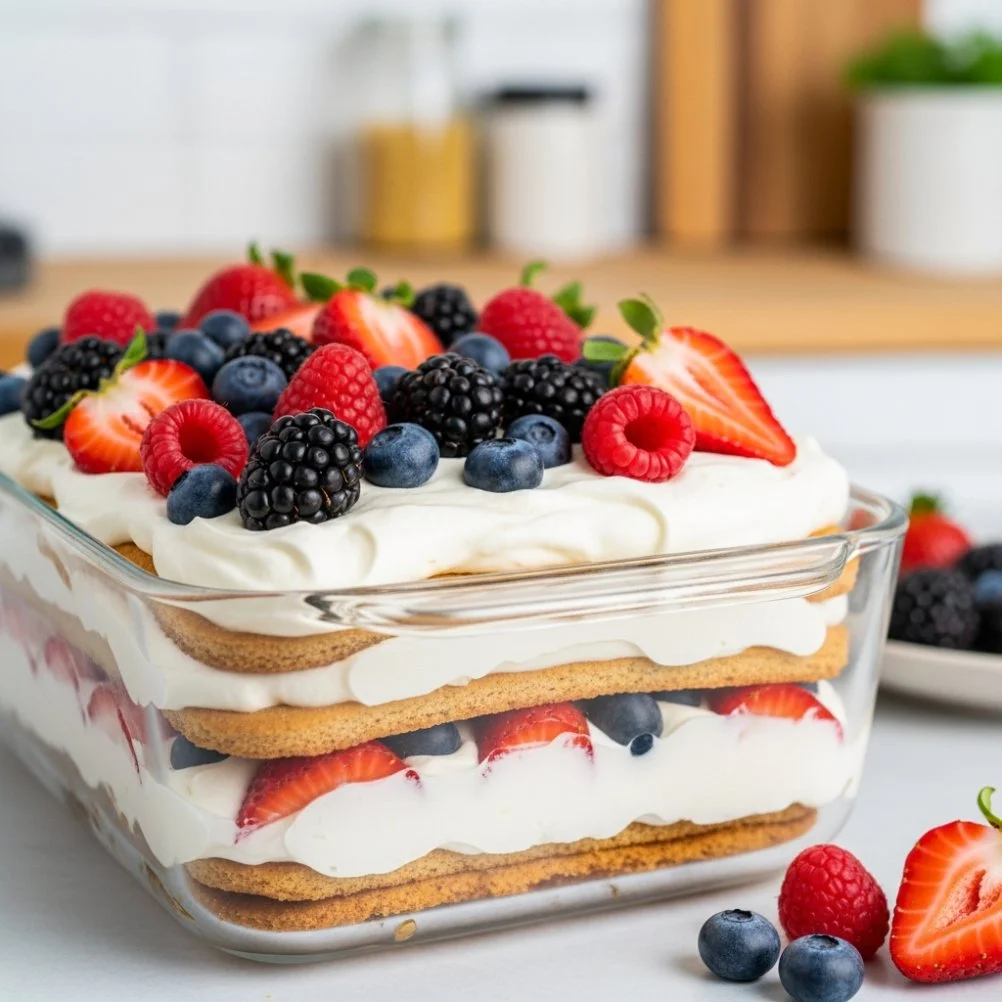 No-Bake Berry Icebox Cake with fresh berries and whipped cream layers