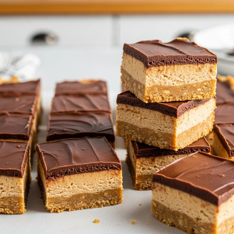 No-bake chocolate peanut butter bars stacked on a plate