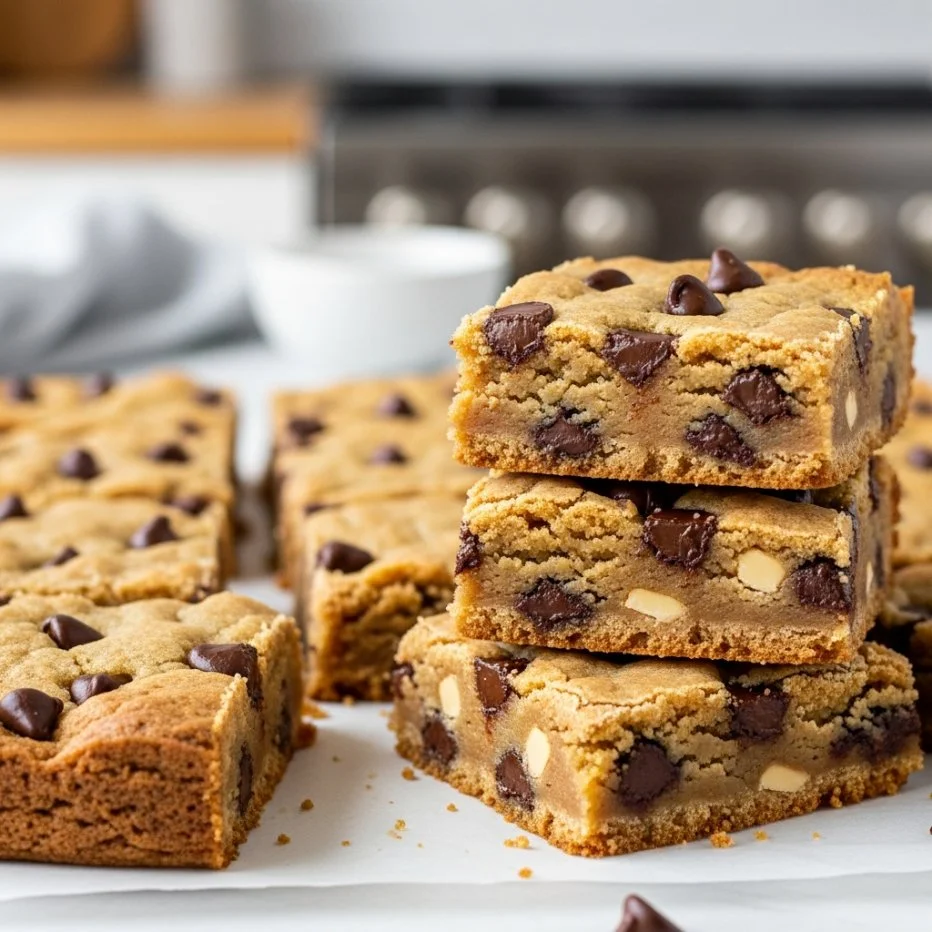 Peanut butter chocolate chip cookie bars stacked on a plate, drizzled with chocolate.