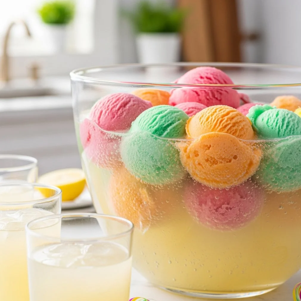 Colorful rainbow sherbet party punch in a glass, perfect for summer drinks.