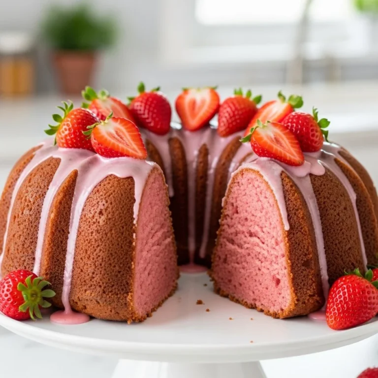 Delicious Strawberry Bundt Cake topped with fresh strawberries and icing