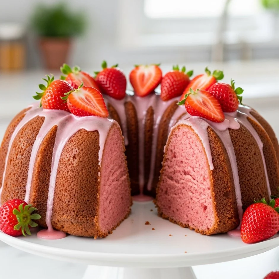 Delicious Strawberry Bundt Cake topped with fresh strawberries and icing
