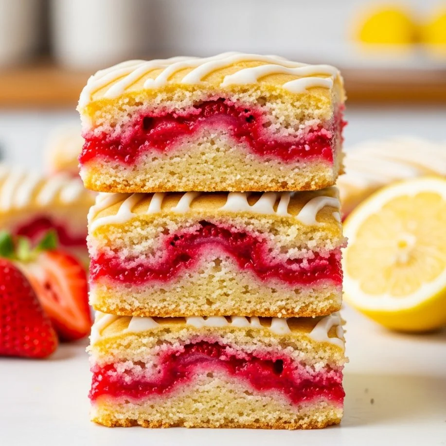 Delicious homemade Strawberry Lemon Bars on a white plate