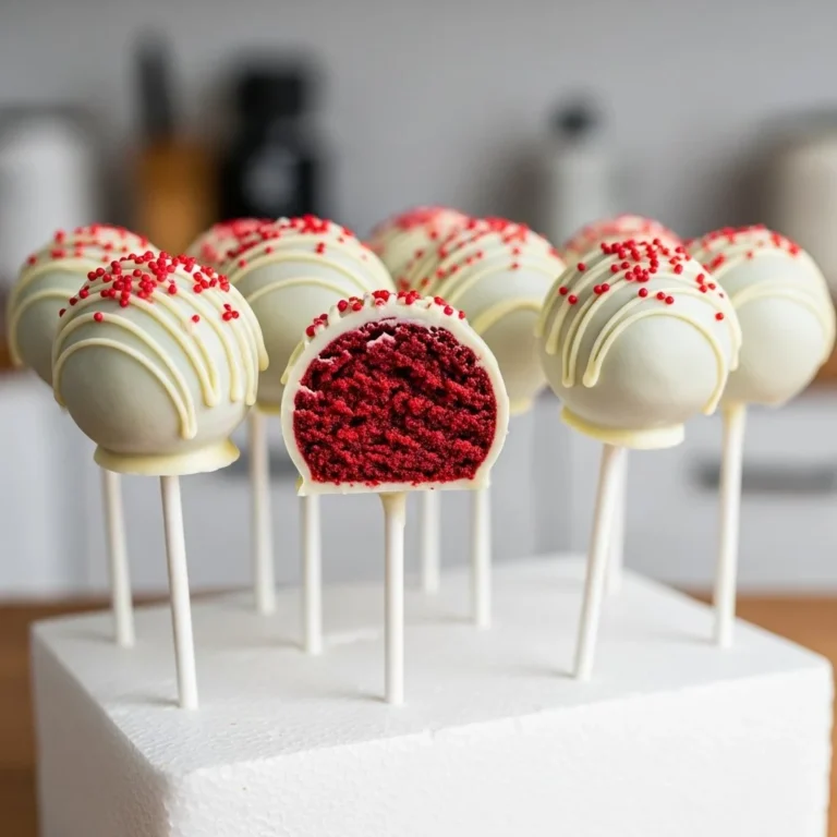 Delicious red velvet cake pops decorated with cream cheese frosting.