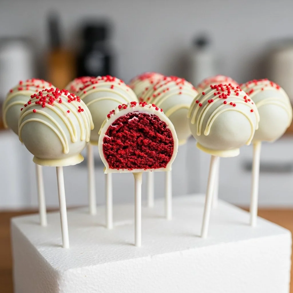 Delicious red velvet cake pops decorated with cream cheese frosting.