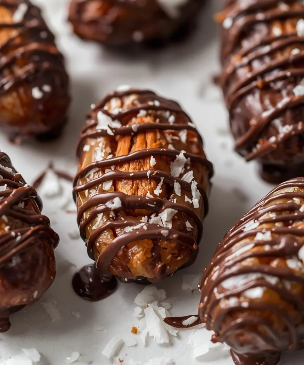 Almond Joy Stuffed Dates showcasing a delicious coconut and chocolate filling