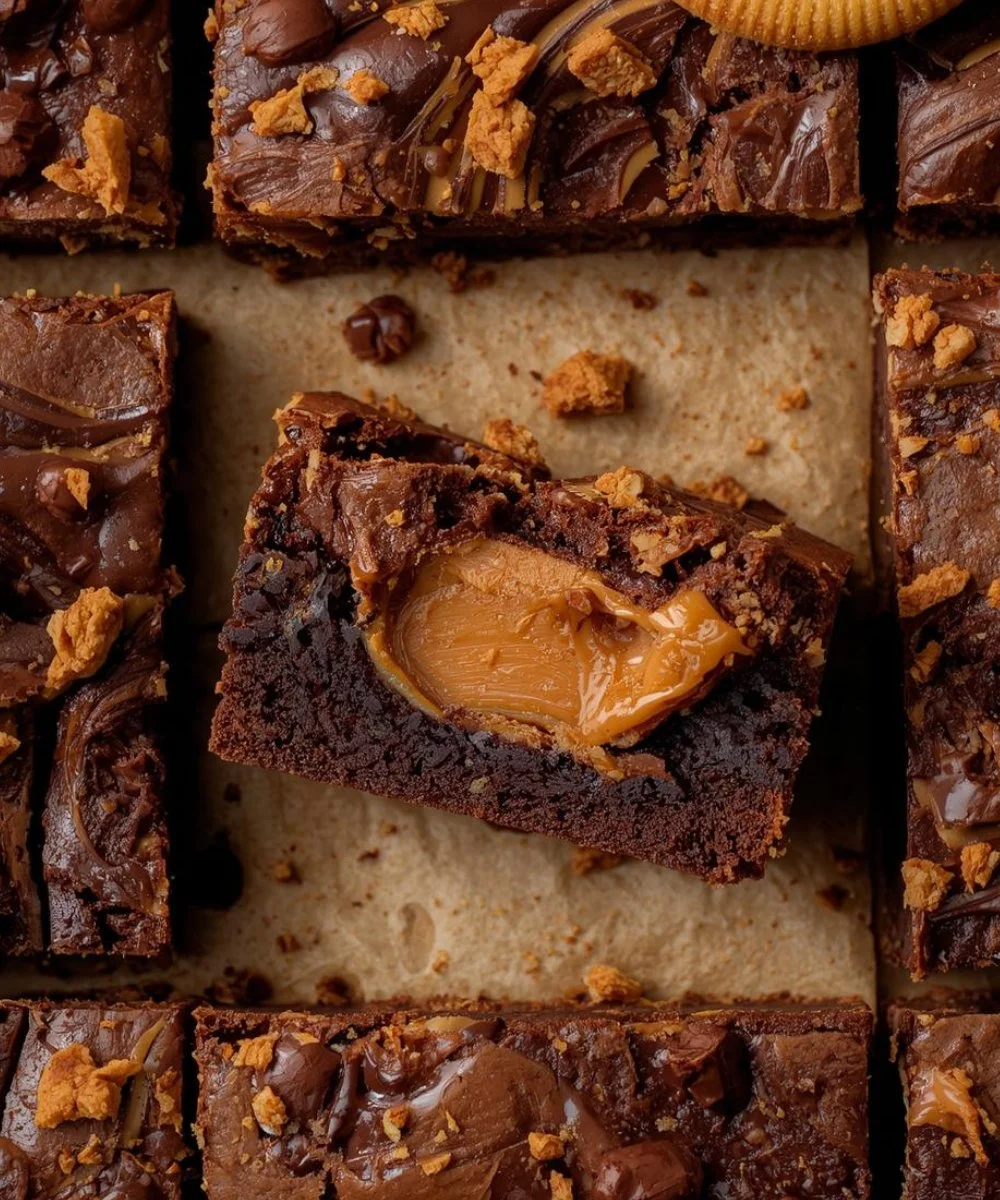 Delicious Biscoff cookie butter brownies served on a wooden plate