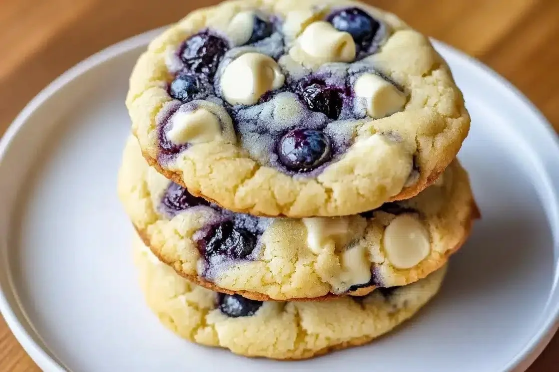 Blueberry cheesecake cookies on a plate, crafted with fresh blueberries and creamy filling.