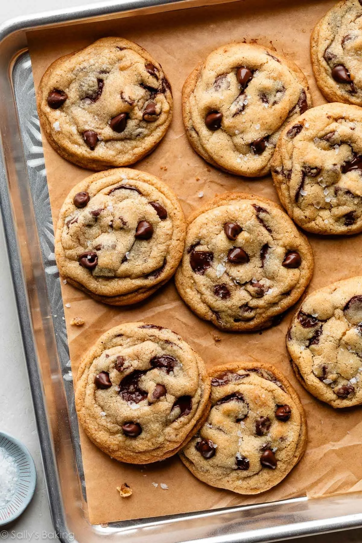 Delicious brown butter chocolate chip cookies on a baking tray