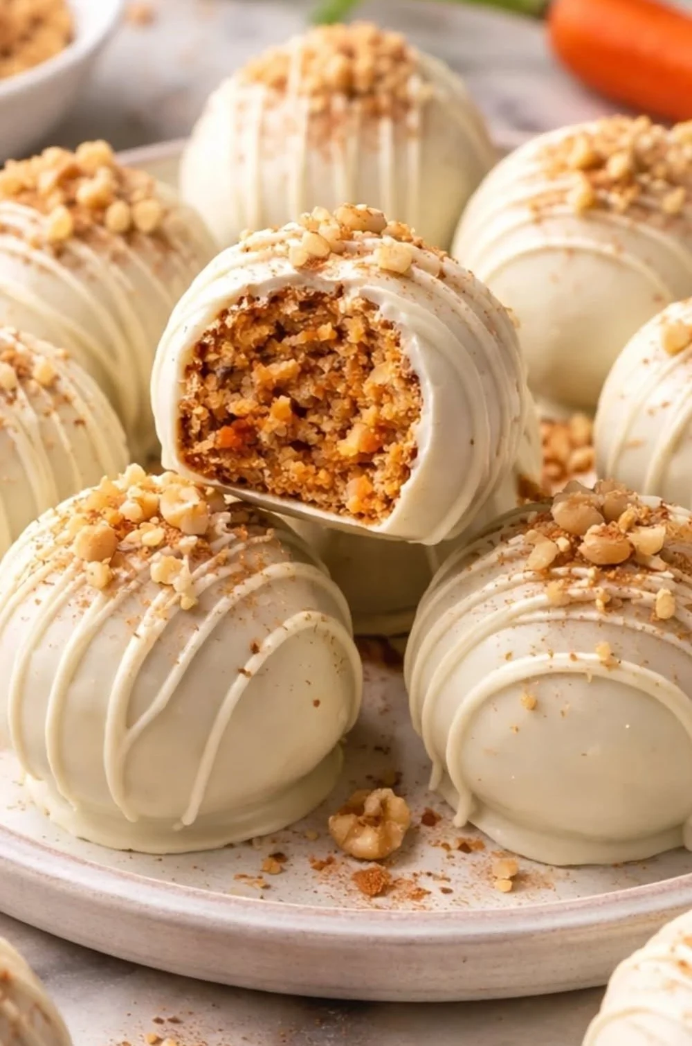 Delicious Carrot Cake Truffles arranged for Easter dessert table.